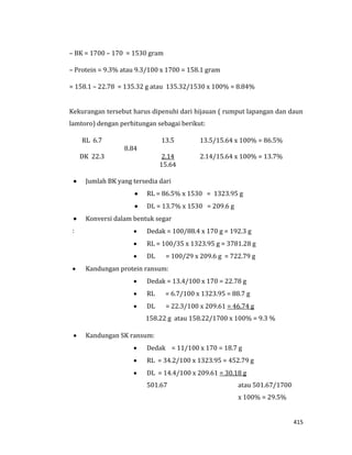 415
– BK = 1700 – 170 = 1530 gram
– Protein = 9.3% atau 9.3/100 x 1700 = 158.1 gram
= 158.1 – 22.78 = 135.32 g atau 135.32/1530 x 100% = 8.84%
Kekurangan tersebut harus dipenuhi dari hijauan ( rumput lapangan dan daun
lamtoro) dengan perhitungan sebagai berikut:
RL 6.7 13.5 13.5/15.64 x 100% = 86.5%
8.84
DK 22.3 2.14 2.14/15.64 x 100% = 13.7%
15.64
 Jumlah BK yang tersedia dari
 RL = 86.5% x 1530 = 1323.95 g
 DL = 13.7% x 1530 = 209.6 g
 Konversi dalam bentuk segar
:  Dedak = 100/88.4 x 170 g = 192.3 g
 RL = 100/35 x 1323.95 g = 3781.28 g
 DL = 100/29 x 209.6 g = 722.79 g
 Kandungan protein ransum:
 Dedak = 13.4/100 x 170 = 22.78 g
 RL = 6.7/100 x 1323.95 = 88.7 g
 DL = 22.3/100 x 209.61 = 46.74 g
158.22 g atau 158.22/1700 x 100% = 9.3 %
 Kandungan SK ransum:
 Dedak = 11/100 x 170 = 18.7 g
 RL = 34.2/100 x 1323.95 = 452.79 g
 DL = 14.4/100 x 209.61 = 30.18 g
501.67 atau 501.67/1700
x 100% = 29.5%
 