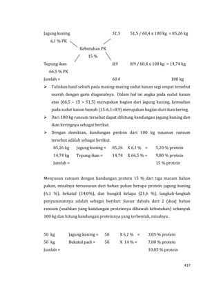 417
Jagung kuning 51,5 51,5 / 60,4 x 100 kg = 85,26 kg
6,1 % PK
Kebutuhan PK
15 %
Tepung ikan 8,9 8.9 / 60,4 x 100 kg = 14,74 kg
66,5 % PK
Jumlah = 60.4 100 kg
 Tuliskan hasil selisih pada masing-masing sudut kanan segi empat tersebut
searah dengan garis diagonalnya. Dalam hal ini angka pada sudut kanan
atas (66,5 – 15 = 51,5) merupakan bagian dari jagung kuning, kemudian
pada sudut kanan bawah (15-6,1=8,9) merupakan bagian dari ikan kering.
 Dari 100 kg ransum tersebut dapat dihitung kandungan jagung kuning dan
ikan keringnya sebagai berikut.
 Dengan demikian, kandungan protein dari 100 kg susunan ransum
tersebut adalah sebagai berikut.
85,26 kg Jagung kuning = 85,26 X 6,1 % = 5,20 % protein
14,74 kg Tepung ikan = 14,74 X 66,5 % = 9,80 % protein
Jumlah = 15 % protein
Menyusun ransum dengan kandungan protein 15 % dari tiga macam bahan
pakan, misalnya tersususun dari bahan pakan berupa protein jagung kuning
(6,1 %), bekatul (14,0%), dan bungkil kelapa (21,6 %), langkah-langkah
penyusunannya adalah sebagai berikut: Susun dahulu dari 2 (dua) bahan
ransum (usahkan yang kandungan proteinnya dibawah kebutuhan) sebanyak
100 kg dan hitung kandungan proteinnya yang terbentuk, misalnya .
50 kg Jagung kuning = 50 X 6,1 % = 3,05 % protein
50 kg Bekatul padi = 50 X 14 % = 7,00 % protein
Jumlah = 10,05 % protein
 