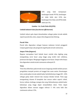 32
CPO yang baik mempunyai
kandungan lemak 99.5%, kandungan
air tidak lebih dari 0.5% dan
kandungan free fatty acid (FFA) tidak
lebih dari 5%.
Gambar 16. Crude Palm Oil (CPO)
Limbah Industri Gula (Saccharum officinarum)
Limbah indusri gula dapat dimanfaatkan sebagai pakan ternak adalah
seperti pucuk tebu, tetes, ampas tebu (bagasse) dan blotong.
Pucuk Tebu
Pucuk tebu digunakan sebagai hujauan makanan ternak pengganti
rumput gajah tanpa ada pengaruh negatif pada ternak ruminansia.
Ampas Tebu (bagasse)
Begasse merupakan hasil limbah kasar setelah tebu digiling yang
mengandung serat kasar yang tinggi yang terdiri dari sellulosa,
pentosan dan lignin. Mengingat tingginya serat kasar. Ampas tebu hanya
bisa digunakan untuk ternak ruminansia sebanyak 25.
Tetes
Tetes bisa diberikan pada ternak secara langsung setelah melalui proses
pengolahan menjadi protein sel tunggal dan asam amino. Keuntungan
tetes untuk pakan ternak adalah kadar karbohidratnya tinggi (48 – 60%
sebagai gula), kadar mineral dan rasanya disukai ternak. Tetes juga
mengandung vitamin B kompleks dan unsure mikro seperti cobalt,
boron, iodium, tembaga, mangan dan seng. Kelemahannya adalah kadar
kaliumnya yang tinggi dapat menyebabkan diare. Tetes dapat
digunakan dalam ransum unggas sebesar 5 -6% serta babi dan
ruminansia sebesar 15%.
 