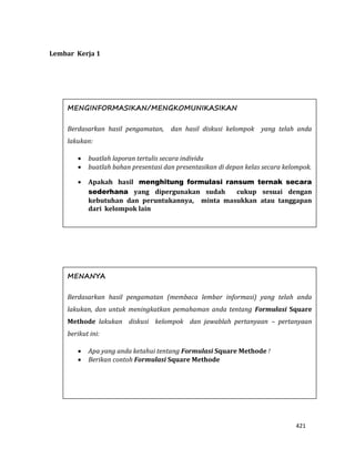 421
Lembar Kerja 1
MENGINFORMASIKAN/MENGKOMUNIKASIKAN
Berdasarkan hasil pengamatan, dan hasil diskusi kelompok yang telah anda
lakukan:
 buatlah laporan tertulis secara individu
 buatlah bahan presentasi dan presentasikan di depan kelas secara kelompok.
 Apakah hasil menghitung formulasi ransum ternak secara
sederhana yang dipergunakan sudah cukup sesuai dengan
kebutuhan dan peruntukannya, minta masukkan atau tanggapan
dari kelompok lain
MENANYA
Berdasarkan hasil pengamatan (membaca lembar informasi) yang telah anda
lakukan, dan untuk meningkatkan pemahaman anda tentang Formulasi Square
Methode lakukan diskusi kelompok dan jawablah pertanyaan – pertanyaan
berikut ini:
 Apa yang anda ketahui tentang Formulasi Square Methode !
 Berikan contoh Formulasi Square Methode
 