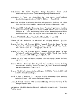 446
Kartadisastra, H.R. 1997. Penyediaan &amp; Pengelolaan Pakan ternak
Ruminansia (Sapi, Kerbau, Domba, Kambing). Yogyakarta, Kanisius
Jamaluddin, H. Ternak pun Memerlukan Gizi yang Cukup. http://hardianti-
jamaluddin.blogspot.contohm/2011/03 (Diakses 11 Maret 2012).
Kaharudin, Muzani A.2004. membuat ransum murah dari hasil pertanian dan limbah
agro industri, Balai Pengkajian Teknologi Pertanian, Nusa Tenggara Barat.
Kerley, M.S., 2000. Feeding For Enhancing Rumen Function. Departement of Animal
Sciences, University of Missouri – Columbia, USA. Bahan diambil dari Internet.
Sampath, K.T., 1990. Rumen Degradable Protein And Undegradable Crude
Protein Content of Feeds and Fooders- A Review. Indian j.dairy.Sci. 43 :1-10.
Ketaren, P.P. 2001. Mutu Pakan Ternak. Bebek Mania, Edisi 06 Juni 2001.
Ketaren, P.P. 2002. Kebutuhan Gizi Itik Petelur Dan Pedaging. Wartazoa 12(2): 37 –
45.
Ketaren, P.P. Dan L.H. Prasetyo. 2002a. Pengaruh Pemberian Pakan Terbatas
Terhadap Produktivitas Itik Silang Mojosari × Alabio (Ma): 1. Masa Bertelur
Fase Pertama Umur 20 – 43 Minggu. Jitv 7(1): 38 – 45.
Ketaren, P.P. Dan L.H. Prasetyo. 2002b. Pengaruh Pemberian Pakan Terbatas
Terhadap Produktivitas Itik Silang Mojosari × Alabio (Ma): 2. Masa Bertelur
Fase Kedua Umur 44 – 67 Minggu. Jitv 7(2): 76 – 83.
Ketaren, P.P. 2007. Peran Itik Sebagai Penghasil Telur Dan Daging Nasional. Wartazoa
17(3): 117 – 127.
Ketaren, P.P. Dan L.H. Prasetyo. 2007. Pengaruh Pemberian Pakan Terbatas Terhadap
Produktivitas Itik Silang Mojosari × Alabio (Ma): Masa Pertumbuhan Sampai
Bertelur Pertama. Jitv 12(1): 10 – 15.
Ketaren, P. P. 2010. Kebutuhan Gizi Ternak Unggas. WARTAZOA Vol. 20 No. 4 Th. 2010.
Balai Penelitian Ternak. Bogor.
Krista, B. dan B. Harianto. 2011. Petunjuk Praktis Pembesaran Ayam Kampung
Pedaging. Cetakan 1. PT. AgroMedia Pustaka. Jakarta.
Leeson, S. And J.D. Summers. 1991. Commercial Poultry Nutrition. University Books,
Guelph, Ontario. 283 P.
Martawijaya, E. L., 2004. Panduan Beternak Itik Petelur Secara Intensif. PT Agromedia
Pustaka. Jakarta
 
