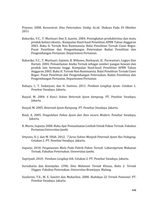448
Priyono. 2008. Konsentrat. Ilmu Peternakan. Undip. Ac.id. Diakses Pada 29 Oktober
2011
Rahardjo, Y.C., T. Murtisari Dan E. Juarini. 2004. Peningkatan produktivitas dan mutu
produk kelinci eksotis.. Kumpulan Hasil-hasil Penelitian APBN Tahun Anggaran
2003. Buku II. Ternak Non Ruminansia. Balai Penelitian Ternak Ciawi Bogor.
Pusat Penelitian dan Pengembangan Peternakan Badan Penelitian dan
Pengembangan Pertanian. Departemen Pertanian.
Rahardjo, Y.C., T. Murtisari, Sajimin, B. Wibowo, Nurhayati, D, Purwantari, Lugiyo Dan
Hartati. 2004. Pemanfaatan Aneka Ternak sebagai sumber pangan hewani dan
produk lain bermutu tinggi. Kumpulan Hasil-hasil Penelitian APBN Tahun
Anggaran 2003. Buku II. Ternak Non Ruminansia. Balai Penelitian Ternak Ciawi
Bogor, Pusat Penelitian dan Pengembangan Peternakan, Badan Penelitian dan
Pengembangan Pertanian, Departemen Pertanian
Rahayu, I., T. Sudaryani, dan H. Santoso. 2011. Penduan Lengkap Ayam. Cetakan 1.
Penebar Swadaya. Jakarta.
Rasyaf, M. 2004. 6 Kunci Sukses Beternak Ayam kampung. PT. Penebar Swadaya.
Jakarta.
Rasyaf, M. 2005. Beternak Ayam Kampung. PT. Penebar Swadaya. Jakarta.
Rizal, A. 2005. Pengolahan Pakan Ayam dan Ikan secara Modern. Penebar Swadaya,
Jakarta.
R. Murni, Suparjo 2008. Buku Ajar Pemanfaatan Limbah Untuk Pakan Ternak. Fakultas
Pertanian.Universitas Jambi
Setyono, D. J. dan M. Ulfah. 2012. 7 Jurus Sukses Menjadi Peternak Ayam Ras Pedaging.
Cetakan 2. PT. Penebar Swadaya. Jakarta.
Suparjo. 2010. Pengawasan Mutu Pada Pabrik Pakan Ternak. Laboratprium Makanan
Ternak. Fakultas Peternakan. Universitas Jambi.
Supriyadi. 2010. Panduan Lengkap Itik. Cetakan 2. PT. Penebar Swadaya. Jakarta.
Surisdiarto dan Koentjoko. 1990. Ilmu Makanan Ternak Khusus, Buku 2. Ternak
Unggas. Fakultas Peternakan, Universitas Brawijaya. Malang.
Susilorini, T.E., M. E. Sawitri dan Muharlien. 2008. Budidaya 22 Ternak Potensial. PT.
Penebar Swadaya. Jakarta.
 