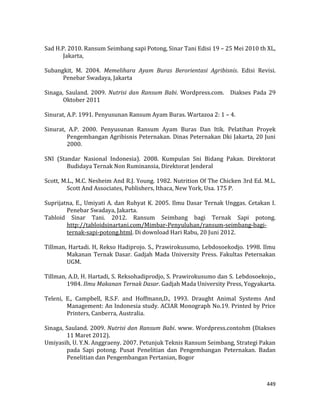 449
Sad H.P. 2010. Ransum Seimbang sapi Potong, Sinar Tani Edisi 19 – 25 Mei 2010 th XL,
Jakarta,
Subangkit, M. 2004. Memelihara Ayam Buras Berorientasi Agribisnis. Edisi Revisi.
Penebar Swadaya, Jakarta
Sinaga, Sauland. 2009. Nutrisi dan Ransum Babi. Wordpress.com. Diakses Pada 29
Oktober 2011
Sinurat, A.P. 1991. Penyusunan Ransum Ayam Buras. Wartazoa 2: 1 – 4.
Sinurat, A.P. 2000. Penyusunan Ransum Ayam Buras Dan Itik. Pelatihan Proyek
Pengembangan Agribisnis Peternakan. Dinas Peternakan Dki Jakarta, 20 Juni
2000.
SNI (Standar Nasional Indonesia). 2008. Kumpulan Sni Bidang Pakan. Direktorat
Budidaya Ternak Non Ruminansia, Direktorat Jenderal
Scott, M.L., M.C. Nesheim And R.J. Young. 1982. Nutrition Of The Chicken 3rd Ed. M.L.
Scott And Associates, Publishers, Ithaca, New York, Usa. 175 P.
Suprijatna, E., Umiyati A. dan Ruhyat K. 2005. Ilmu Dasar Ternak Unggas. Cetakan I.
Penebar Swadaya, Jakarta.
Tabloid Sinar Tani. 2012. Ransum Seimbang bagi Ternak Sapi potong.
http://tabloidsinartani.com/Mimbar-Penyuluhan/ransum-seimbang-bagi-
ternak-sapi-potong.html. Di download Hari Rabu, 20 Juni 2012.
Tillman, Hartadi. H, Rekso Hadiprojo. S., Prawirokusumo, Lebdosoekodjo. 1998. Ilmu
Makanan Ternak Dasar. Gadjah Mada University Press. Fakultas Peternakan
UGM.
Tillman, A.D, H. Hartadi, S. Reksohadiprodjo, S. Prawirokusumo dan S. Lebdosoekojo.,
1984. Ilmu Makanan Ternak Dasar. Gadjah Mada University Press, Yogyakarta.
Teleni, E., Campbell, R.S.F. and Hoffmann,D., 1993. Draught Animal Systems And
Management: An Indonesia study. ACIAR Monograph No.19. Printed by Price
Printers, Canberra, Australia.
Sinaga, Sauland. 2009. Nutrisi dan Ransum Babi. www. Wordpress.contohm (Diakses
11 Maret 2012).
Umiyasih, U. Y.N. Anggraeny. 2007. Petunjuk Teknis Ransum Seimbang, Strategi Pakan
pada Sapi potong. Pusat Penelitian dan Pengembangan Peternakan. Badan
Penelitian dan Pengembangan Pertanian, Bogor
 