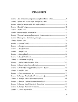 iv
DAFTAR GAMBAR
Gambar 1. Zat–zat nutrien yang terkandung dalam bahan pakan..........................................9
Gambar 2. Jerami dan hijauan segar merupakan pakan..........................................................12
Gambar 3. Bungkil kelapa, dedak dan dedak gandum..............................................................12
Gambar 4. Bungkil kelapa....................................................................................................................12
Gambar 5. Dedak padi...........................................................................................................................12
Gambar 6. Penggolongan bahan pakan..........................................................................................13
Gambar 7. Tepung Daging dan Tulang serta Penyimpanannya............................................14
Gambar 8. Tepung Ikan dan Penyimpanannya ...........................................................................18
Gambar 9. Dedak Padi...........................................................................................................................21
Gambar 10. Pollard (giling).................................................................................................................22
Gambar 11. Shorgum.............................................................................................................................23
Gambar 12. Bungkil Kedelai ...............................................................................................................24
Gambar 13. Ampas Tahu......................................................................................................................25
Gambar 14. Kacang Tanah...................................................................................................................26
Gambar 15. Bungkil Inti Sawit...........................................................................................................31
Gambar 16. Crude Palm Oil (CPO).....................................................................................................32
Gambar 17. Bahan pakan sumber protein ....................................................................................43
Gambar 18. Bahan Pakan Sumber Energi......................................................................................44
Gambar 19. Protein Sel Tunggal limbah industri L -Lysine....................................................62
Gambar 20. Elephan grass...................................................................................................................98
Gambar 21. Panicum maximum Jacq ...............................................................................................99
Gambar 22. Rumput Meksiko (Euchlaena mexicana).............................................................100
Gambar 23. Rumput Setaria (Setaria sphacelata)....................................................................100
Gambar 24. Rumput Pangola (Digitaria decumbens)..............................................................101
Gambar 25. Rumput Signal (Brachiaria decumbens) ..............................................................101
Gambar 26. Rumput Brachiaria humidicola...............................................................................102
Gambar 27. Chloris gayana Kunt.....................................................................................................102
 