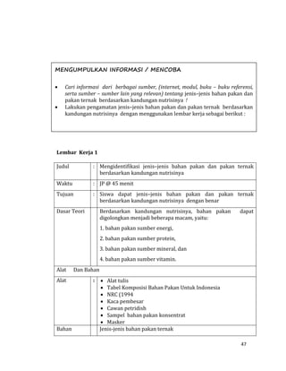 47
Lembar Kerja 1
Judul : Mengidentifikasi jenis–jenis bahan pakan dan pakan ternak
berdasarkan kandungan nutrisinya
Waktu : JP @ 45 menit
Tujuan : Siswa dapat jenis–jenis bahan pakan dan pakan ternak
berdasarkan kandungan nutrisinya dengan benar
Dasar Teori Berdasarkan kandungan nutrisinya, bahan pakan dapat
digolongkan menjadi beberapa macam, yaitu:
1. bahan pakan sumber energi,
2. bahan pakan sumber protein,
3. bahan pakan sumber mineral, dan
4. bahan pakan sumber vitamin.
Alat Dan Bahan
Alat :  Alat tulis
 Tabel Komposisi Bahan Pakan Untuk Indonesia
 NRC (1994
 Kaca pembesar
 Cawan petridish
 Sampel bahan pakan konsentrat
 Masker
Bahan Jenis-jenis bahan pakan ternak
MENGUMPULKAN INFORMASI / MENCOBA
 Cari informasi dari berbagai sumber, (internet, modul, buku – buku referensi,
serta sumber – sumber lain yang relevan) tentang jenis–jenis bahan pakan dan
pakan ternak berdasarkan kandungan nutrisinya !
 Lakukan pengamatan jenis–jenis bahan pakan dan pakan ternak berdasarkan
kandungan nutrisinya dengan menggunakan lembar kerja sebagai berikut :
 