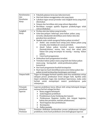48
Keselamatan
dan
Kesehatan
Kerja
 Pakailah pakaian kerja (jas laboratorium)
 Hati-hati dalam menggunakan alat yang tajam
 Lakukan tugas sesuai prosedur atau langkah kerja yang telah
ditentukan
 Simpan dan bersihkan alat yang selesai digunakan
 Bersihkan ruangan apabila kegiatan praktek/tugas telah
selesai dilakukan
Langkah
Kerja
:  Periksa alat dan bahan yang tersedia.
 Lihat dan pelajari beberapa jenis bahan pakan yang
tersedia, lakukanlah identifikasi jenis bahan dulu dan
gunakan kaca pembesar
 Apakah anda sudah mengenal bahan pakan tersebut?
 Ambil satu sendok kecil setiap jenis bahan pakan yang
tersedia, dan letakkan di cawan petridish.
 Amati bahan pakan tersebut secara organoleptis
(bentuk/tekstur, warna, bau, rasa) dan amati pula
bahan lain yang tercampur ke masing – masing bahan
pakan..
 Catat hasil pengamatan.
 Diskusikan hasil pengamatan tersebut
 Tentukan bahan pakan mana yang baik dan bahan pakan
mana yang kurang baik untuk pembuatan pakan
konsentrat
 Dari hasil pengamatan buatlah kesimpulan
 Buat laporan hasil identifikasi jenis-jenis bahan pakan dan
pakan ternak berdasarkan kandungan nutrisinya!
Umpan balik Tugas ini dianggap berhasil apabila anda bisa melakukan setiap
tahapan proses pembuatan terasi dengan baik. Apabila anda
dapat melakukan tugas dan membuat laporannya, maka anda
berhak untuk mempelajari materi pembelajaran pada
selanjutnya.
Petunjuk
penulisan
laporan
Laporan praktikum harus dibuat oleh setiap kelompok dengan
memuat hal-hal sebagai berikut :
 Nama anggota kelompok
 Judul kegiatan praktikum
 Pendahuluan (Latar belakang dan tujuan)
 Pelaksanaan Kegiatan (waktu dan tempat kegiatan,
bahan dan peralatan, metode pelaksanaan)
 Hasil kegiatan dan pembahasan
 Kesimpulan
 Daftar pustaka
Kriteria
Penilaian
Penilaian dilakukan berdasarkan proses pelaksanaan tahapan
praktikum, mutu hasil praktikum serta kelengkapan laporan
 