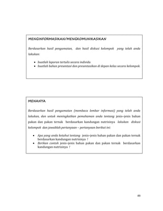 49
MENGINFORMASIKAN/MENGKOMUNIKASIKAN
Berdasarkan hasil pengamatan, dan hasil diskusi kelompok yang telah anda
lakukan:
 buatlah laporan tertulis secara individu
 buatlah bahan presentasi dan presentasikan di depan kelas secara kelompok.
MENANYA
Berdasarkan hasil pengamatan (membaca lembar informasi) yang telah anda
lakukan, dan untuk meningkatkan pemahaman anda tentang jenis–jenis bahan
pakan dan pakan ternak berdasarkan kandungan nutrisinya lakukan diskusi
kelompok dan jawablah pertanyaan – pertanyaan berikut ini:
 Apa yang anda ketahui tentang jenis–jenis bahan pakan dan pakan ternak
berdasarkan kandungan nutrisinya !
 Berikan contoh jenis–jenis bahan pakan dan pakan ternak berdasarkan
kandungan nutrisinya !
 