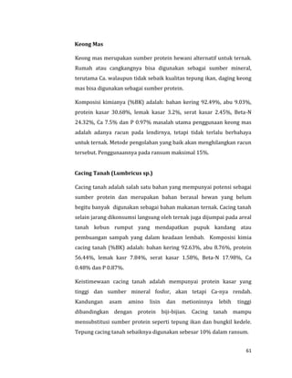 61
Keong Mas
Keong mas merupakan sumber protein hewani alternatif untuk ternak.
Rumah atau cangkangnya bisa digunakan sebagai sumber mineral,
terutama Ca. walaupun tidak sebaik kualitas tepung ikan, daging keong
mas bisa digunakan sebagai sumber protein.
Komposisi kimianya (%BK) adalah: bahan kering 92.49%, abu 9.03%,
protein kasar 30.68%, lemak kasar 3.2%, serat kasar 2.45%, Beta-N
24.32%, Ca 7.5% dan P 0.97% masalah utama penggunaan keong mas
adalah adanya racun pada lendirnya, tetapi tidak terlalu berbahaya
untuk ternak. Metode pengolahan yang baik akan menghilangkan racun
tersebut. Penggunaannya pada ransum maksimal 15%.
Cacing Tanah (Lumbricus sp.)
Cacing tanah adalah salah satu bahan yang mempunyai potensi sebagai
sumber protein dan merupakan bahan berasal hewan yang belum
begitu banyak digunakan sebagai bahan makanan ternak. Cacing tanah
selain jarang dikonsumsi langsung oleh ternak juga dijumpai pada areal
tanah kebun rumput yang mendapatkan pupuk kandang atau
pembuangan sampah yang dalam keadaan lembab. Komposisi kimia
cacing tanah (%BK) adalah: bahan kering 92.63%, abu 8.76%, protein
56.44%, lemak kasr 7.84%, serat kasar 1.58%, Beta-N 17.98%, Ca
0.48% dan P 0.87%.
Keistimewaan cacing tanah adalah mempunyai protein kasar yang
tinggi dan sumber mineral fosfor, akan tetapi Ca-nya rendah.
Kandungan asam amino lisin dan metioninnya lebih tinggi
dibandingkan dengan protein biji-bijian. Cacing tanah mampu
mensubstitusi sumber protein seperti tepung ikan dan bungkil kedele.
Tepung cacing tanah sebaiknya digunakan sebesar 10% dalam ransum.
 