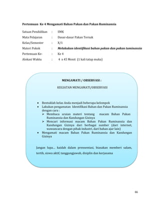 66
Pertemuan Ke 4 Mengamati Bahan Pakan dan Pakan Ruminansia
Satuan Pendidikan : SMK
Mata Pelajaran : Dasar-dasar Pakan Ternak
Kelas/Semester : X/1
Materi Pokok : Melakukan identifikasi bahan pakan dan pakan tuminansia
Pertemuan Ke- : Ke 4
Alokasi Waktu : 4 x 45 Menit (1 kali tatap muka)
MENGAMATI / OBSERVASI :
KEGIATAN MENGAMATI/OBSERVASI
 Bentuklah kelas Anda menjadi beberapa kelompok
 Lakukan pengamatan Identifikasi Bahan dan Pakan Ruminansia
dengan cara :
 Membaca uraian materi tentang macam Bahan Pakan
Ruminansia dan Kandungan Gizinya
 Mencari informasi macam Bahan Pakan Ruminansia dan
Kandungan Gizinya dari berbagai sumber (dari internet,
wawancara dengan pihak industri, dari bahan ajar lain)
 Mengamati macam Bahan Pakan Ruminansia dan Kandungan
Gizinya
Jangan lupa… kaidah dalam prensentasi, biasakan memberi salam,
tertib, siswa aktif, tanggungjawab, disiplin dan kerjasama
 