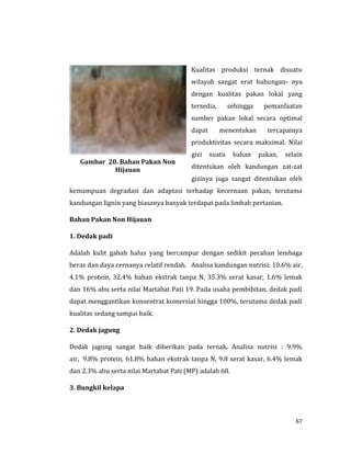 67
Kualitas produksi ternak disuatu
wilayah sangat erat hubungan- nya
dengan kualitas pakan lokal yang
tersedia, sehingga pemanfaatan
sumber pakan lokal secara optimal
dapat menentukan tercapainya
produktivitas secara maksimal. Nilai
gizi suatu bahan pakan, selain
ditentukan oleh kandungan zat-zat
gizinya juga sangat ditentukan oleh
kemampuan degradasi dan adaptasi terhadap kecernaan pakan, terutama
kandungan lignin yang biasanya banyak terdapat pada limbah pertanian.
Bahan Pakan Non Hijauan
1. Dedak padi
Adalah kulit gabah halus yang bercampur dengan sedikit pecahan lembaga
beras dan daya cernanya relatif rendah. Analisa kandungan nutrisi: 10.6% air,
4.1% protein, 32.4% bahan ekstrak tanpa N, 35.3% serat kasar, 1.6% lemak
dan 16% abu serta nilai Martabat Pati 19. Pada usaha pembibitan, dedak padi
dapat menggantikan konsentrat komersial hingga 100%, terutama dedak padi
kualitas sedang sampai baik.
2. Dedak jagung
Dedak jagung sangat baik diberikan pada ternak. Analisa nutrisi : 9.9%
air, 9.8% protein, 61.8% bahan ekstrak tanpa N, 9.8 serat kasar, 6.4% lemak
dan 2.3% abu serta nilai Martabat Pati (MP) adalah 68.
3. Bungkil kelapa
Gambar 20. Bahan Pakan Non
Hijauan
 