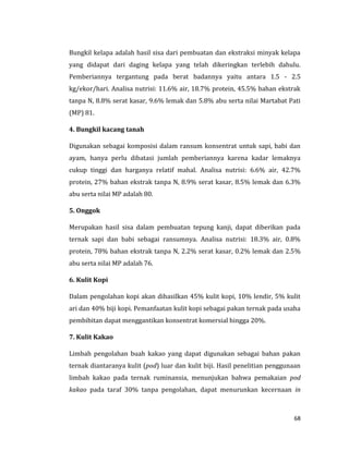 68
Bungkil kelapa adalah hasil sisa dari pembuatan dan ekstraksi minyak kelapa
yang didapat dari daging kelapa yang telah dikeringkan terlebih dahulu.
Pemberiannya tergantung pada berat badannya yaitu antara 1.5 - 2.5
kg/ekor/hari. Analisa nutrisi: 11.6% air, 18.7% protein, 45.5% bahan ekstrak
tanpa N, 8.8% serat kasar, 9.6% lemak dan 5.8% abu serta nilai Martabat Pati
(MP) 81.
4. Bungkil kacang tanah
Digunakan sebagai komposisi dalam ransum konsentrat untuk sapi, babi dan
ayam, hanya perlu dibatasi jumlah pemberiannya karena kadar lemaknya
cukup tinggi dan harganya relatif mahal. Analisa nutrisi: 6.6% air, 42.7%
protein, 27% bahan ekstrak tanpa N, 8.9% serat kasar, 8.5% lemak dan 6.3%
abu serta nilai MP adalah 80.
5. Onggok
Merupakan hasil sisa dalam pembuatan tepung kanji, dapat diberikan pada
ternak sapi dan babi sebagai ransumnya. Analisa nutrisi: 18.3% air, 0.8%
protein, 78% bahan ekstrak tanpa N, 2.2% serat kasar, 0.2% lemak dan 2.5%
abu serta nilai MP adalah 76.
6. Kulit Kopi
Dalam pengolahan kopi akan dihasilkan 45% kulit kopi, 10% lendir, 5% kulit
ari dan 40% biji kopi. Pemanfaatan kulit kopi sebagai pakan ternak pada usaha
pembibitan dapat menggantikan konsentrat komersial hingga 20%.
7. Kulit Kakao
Limbah pengolahan buah kakao yang dapat digunakan sebagai bahan pakan
ternak diantaranya kulit (pod) luar dan kulit biji. Hasil penelitian penggunaan
limbah kakao pada ternak ruminansia, menunjukan bahwa pemakaian pod
kakao pada taraf 30% tanpa pengolahan, dapat menurunkan kecernaan in
 