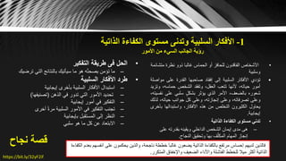 1-‫وتدنى‬ ‫السلبية‬ ‫األفكار‬‫الذاتية‬ ‫الكفاءة‬ ‫مستوى‬
‫األمور‬ ‫من‬ ‫السيء‬ ‫الجانب‬ ‫رؤية‬
•‫التفكير‬ ‫طريقة‬ ‫فى‬ ‫الحل‬
–‫الت‬ ‫بالنتائج‬ ‫سيأتيك‬ ‫ما‬ ‫هو‬ ‫ه‬ّ‫ت‬‫بصح‬ ‫تؤمن‬ ‫ما‬‫ترضيك‬ ‫ي‬
•‫األفكار‬ ‫طرد‬‫السلبية‬
–‫استبدال‬‫بأخرى‬ ‫السلبية‬ ‫األفكار‬‫إيجابية‬
–‫في‬ ‫تدور‬ ‫التي‬ ‫األمور‬ ‫تحديد‬‫الذهن‬(‫تصنيفها‬)
–‫أمور‬ ‫في‬ ‫التفكير‬‫إيجابية‬
–‫تجنب‬ً‫ة‬‫مر‬ ‫السلبية‬ ‫األمور‬ ‫في‬ ‫التفكير‬‫أخرى‬
–‫النظر‬‫المستقبل‬ ‫إلى‬‫بإيجابية‬
–‫االبتعاد‬‫سلبي‬ ‫هو‬ ‫ما‬ ‫كل‬ ‫عن‬
•‫متش‬ ‫نظرة‬ ‫ذوو‬ ‫غالبا‬ ‫الحماس‬ ‫أو‬ ‫للحافز‬ ‫الفاقدون‬ ‫األشخاص‬‫ائمة‬
‫وسلبية‬
•‫تؤدي‬‫األفكار‬‫السلبية‬‫إلى‬‫إفقاد‬‫صاحبها‬‫القدرة‬‫على‬‫موا‬‫صلة‬
‫أمور‬،‫حياته‬‫ألنها‬‫تتعب‬،‫العقل‬‫وتفقد‬‫الشخص‬،‫حماسه‬‫و‬‫تزيد‬
‫شعوره‬،‫بالضعف‬‫األمر‬‫الذي‬‫يؤثر‬ٍ‫ل‬‫بشك‬‫سلبي‬‫على‬‫ن‬،‫فسيته‬
‫وعلى‬،‫تصرفاته‬‫وعلى‬،‫إنجازته‬‫وعلى‬‫كل‬‫جوانب‬،‫حياته‬‫لذلك‬
‫يحاول‬‫الكثيرون‬‫التخلص‬‫من‬‫هذه‬،‫األفكار‬‫واستبدالها‬‫بأخ‬‫رى‬
‫إيجابية‬.
•‫الكفاءة‬ ‫مستوى‬ ‫تدني‬‫الذاتية‬
–‫على‬ ‫بقدرته‬ ‫ويقينه‬ ‫الداخلي‬ ‫الشخص‬ ‫إيمان‬ ‫مدى‬ ‫هى‬
‫النجاح‬ ‫وتحقيق‬ ‫بها‬ ‫ف‬ّ‫المكل‬ ‫المهام‬ ‫إنجاز‬.
https://bit.ly/32yF2if
‫فالذين‬‫أنفس‬ ‫على‬ ‫يحكمون‬ ‫والذين‬ ،‫ناجحة‬ ‫خططة‬ ‫غالبأ‬ ‫يضعون‬ ‫الذاتية‬ ‫بالكفاءة‬ ‫مرتفع‬ ‫إحساس‬ ‫لديهم‬‫الكفاءة‬ ‫بعدم‬ ‫هم‬
‫المتكرر‬ ‫واإلخفاق‬ ‫الضعيف‬ ‫واألداء‬ ‫الفاشلة‬ ‫للخطط‬ ‫ميال‬ ‫أكثر‬ ‫الذاتية‬.
‫ق‬‫نجاح‬ ‫صة‬
 
