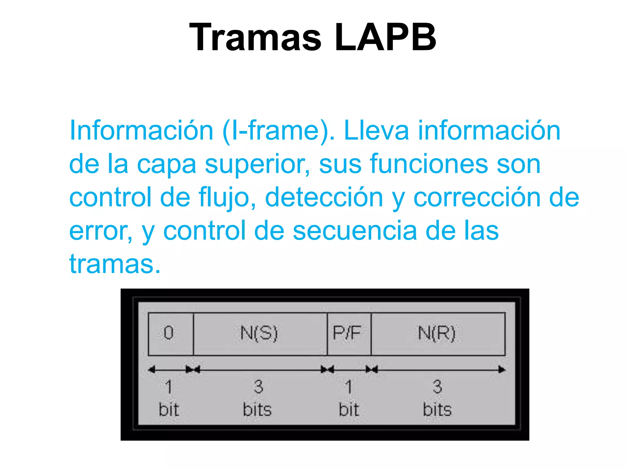 Tramas LAPB

Información (I-frame). Lleva información
de la capa superior, sus funciones son
control de flujo, detección y corrección de
error, y control de secuencia de las
tramas.
 