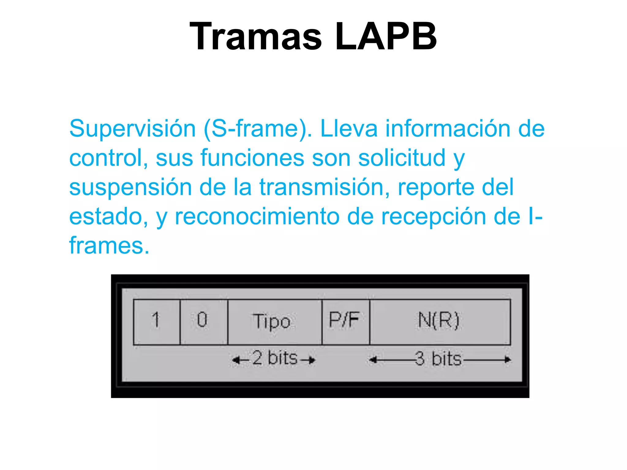 Tramas LAPB

Supervisión (S-frame). Lleva información de
control, sus funciones son solicitud y
suspensión de la transmisión, reporte del
estado, y reconocimiento de recepción de I-
frames.
 