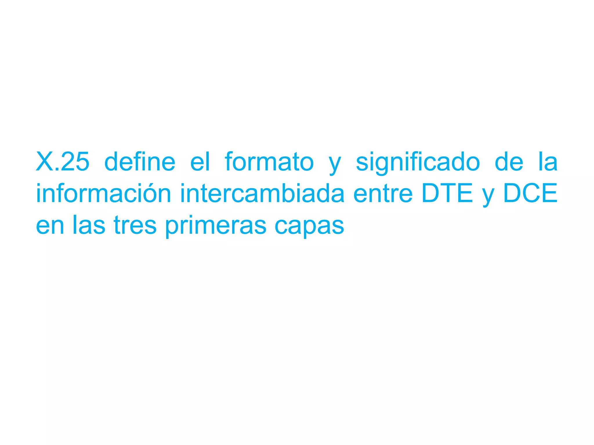 X.25 define el formato y significado de la
información intercambiada entre DTE y DCE
en las tres primeras capas
 