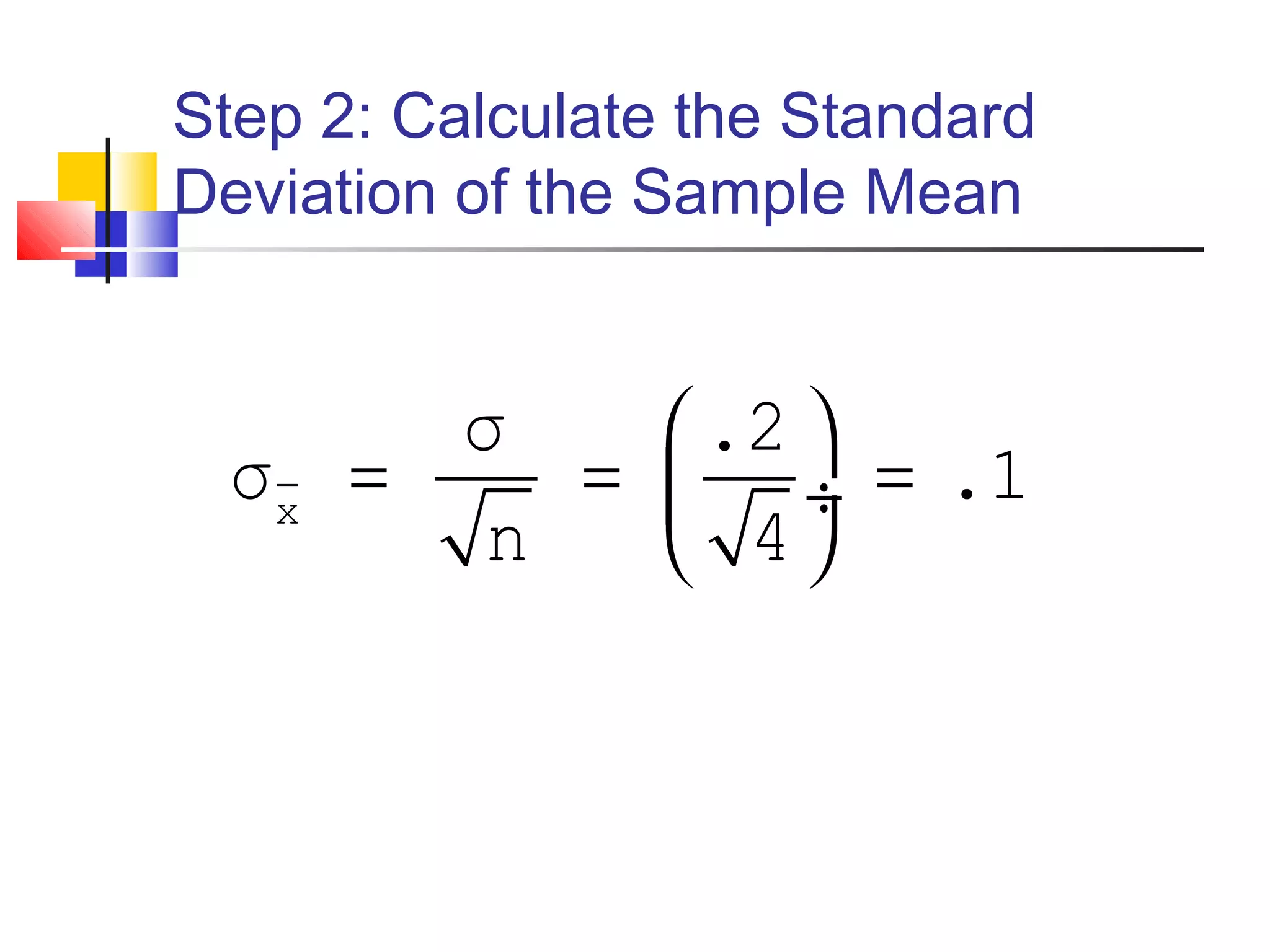 Step 2: Calculate the Standard
Deviation of the Sample Mean
x
σ .2
σ .1
n 4
 
= = = ÷
 
 