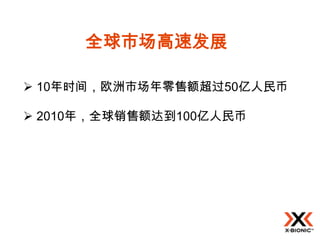 全球市场高速发展

 10年时间，欧洲市场年零售额超过50亿人民币

 2010年，全球销售额达到100亿人民币
 