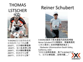 THOMAS
                     Reiner Schubert
LSTSCHER




“X-BIONIC仿生服帮助我更   X-BIONIC经历了恶水超级马拉松的考验
好地取得了以下的成绩         Reiner Schubert穿着银狐衫，穿越美国死
2010年，世界锦标赛银牌      亡峡谷恶水（全世界最热的地方）
 2010年，瑞士队世界冠军     （Badwater Ultramarathon Death Valley,
2009年，欧洲锦标赛银牌      California, USA）
2007年，欧洲青年冠军       “即使是这样的挑战，有了X-BIONIC的参
2007年，世界青年冠军 ”     与，依然能够战胜，没有问题……”
 