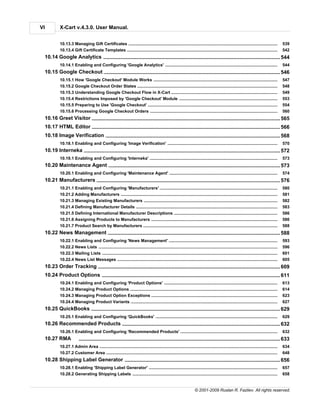 VI        X-Cart v.4.3.0. User Manual.


          10.13.3 Managing Gift Certificates
                       .....................................................................................................................................................................   539
          10.13.4 Gift Certificate Templates
                       .....................................................................................................................................................................   542
 10.14 Google Analytics
              ........................................................................................................................................... 544
          10.14.1 Enabling and Configuring 'Google Analytics'
                      .....................................................................................................................................................................    544
 10.15 Google Checkout
              ........................................................................................................................................... 546
          10.15.1 How .....................................................................................................................................................................
                       'Google Checkout' Module Works                                                                                                                                          547
          10.15.2 Google Checkout Order States
                      .....................................................................................................................................................................    548
          10.15.3 Understanding Google Checkout Flow in X-Cart
                      .....................................................................................................................................................................    549
          10.15.4 Restrictions Imposed by 'Google Checkout' Module
                      .....................................................................................................................................................................    553
          10.15.5 Preparing to Use 'Google Checkout'
                      .....................................................................................................................................................................    554
          10.15.6 Processing Google Checkout Orders
                      .....................................................................................................................................................................    560
 10.16 Greet Visitor
               ........................................................................................................................................... 565
 10.17 HTML Editor
             ........................................................................................................................................... 566
 10.18 Image Verification
              ........................................................................................................................................... 568
          10.18.1 Enabling and Configuring 'Image Verification'
                      .....................................................................................................................................................................    570
 10.19 Interneka
               ........................................................................................................................................... 572
          10.19.1 Enabling and Configuring 'Interneka'
                      .....................................................................................................................................................................    573
 10.20 Maintenance Agent
              ........................................................................................................................................... 573
          10.20.1 Enabling and Configuring 'Maintenance Agent'
                      .....................................................................................................................................................................    574
 10.21 Manufacturers
             ........................................................................................................................................... 576
          10.21.1 Enabling and Configuring 'Manufacturers'
                       .....................................................................................................................................................................   580
          10.21.2 Adding Manufacturers
                       .....................................................................................................................................................................   581
          10.21.3 Managing Existing Manufacturers
                       .....................................................................................................................................................................   582
          10.21.4 Defining Manufacturer Details
                       .....................................................................................................................................................................   583
          10.21.5 Defining International Manufacturer Descriptions
                       .....................................................................................................................................................................   586
          10.21.6 Assigning Products to Manufacturers
                       .....................................................................................................................................................................   586
          10.21.7 Product Search by Manufacturers
                       .....................................................................................................................................................................   588
 10.22 News Management
             ........................................................................................................................................... 588
          10.22.1 Enabling and Configuring 'News Management'
                       .....................................................................................................................................................................   593
          10.22.2 News Lists
                       .....................................................................................................................................................................   596
          10.22.3 Mailing Lists
                       .....................................................................................................................................................................   601
          10.22.4 News List Messages
                       .....................................................................................................................................................................   605
 10.23 Order Tracking
              ........................................................................................................................................... 609
 10.24 Product........................................................................................................................................... 611
               Options
          10.24.1 Enabling and Configuring 'Product Options'
                      .....................................................................................................................................................................    613
          10.24.2 Managing Product Options
                      .....................................................................................................................................................................    614
          10.24.3 Managing Product Option Exceptions
                      .....................................................................................................................................................................    623
          10.24.4 Managing Product Variants
                      .....................................................................................................................................................................    627
 10.25 QuickBooks
             ........................................................................................................................................... 629
          10.25.1 Enabling and Configuring 'QuickBooks'
                      .....................................................................................................................................................................    629
 10.26 Recommended Products
            ........................................................................................................................................... 632
          10.26.1 Enabling and Configuring 'Recommended Products'
                      .....................................................................................................................................................................    632
 10.27 RMA               ........................................................................................................................................... 633
          10.27.1 Admin Area
                      .....................................................................................................................................................................    634
          10.27.2 Customer Area
                      .....................................................................................................................................................................    648
 10.28 Shipping Label Generator
              ........................................................................................................................................... 656
          10.28.1 Enabling 'Shipping Label Generator'
                      .....................................................................................................................................................................    657
          10.28.2 Generating Shipping Labels
                      .....................................................................................................................................................................    658


                                                                                                                        © 2001-2009 Ruslan R. Fazliev. All rights reserved.
 
