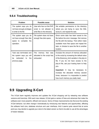 400       X-Cart v.4.3.0. User Manual.



9.8.4 Troubleshooting

           Problem                       Possible cause                                Solution

 The system says you do            User who has run the PHP        Set writable permissions to the directory
 not have enough privileges        script is not allowed to        where you are trying to save the SQL
 to write to the file              write files to the directory.   dump to, and repeat the task.

 The system says you do            File system does not have       Since some data has been saved to the
 not have enough free disk         enough free disk space.         file before the error message, first remove
 space to complete the                                             the file with the backup. Then either make
 operation.                                                        available more free space and repeat the
                                                                   task, or choose to save the file to another
                                                                   location.

 Task was terminated and           The    memory      that   was   Increase the amount of memory allocated
 the system says you will          allocated to the script has     to the script by increasing the default value
 be    redirected       to   the   exhausted                       of the $memory_limit variable in the php.ini
 previous page.                                                    file. If you do not have access to the
                                                                   php.ini file, ask your hosting team to help
                                                                   you.

                                                                   Important:     It   may     be    necessary      to
                                                                   increase the allocated memory several
                                                                   times, because it is impossible to predict
                                                                   how much memory you really need.




9.9 Upgrading X-Cart
The X-Cart team regularly improves and updates the X-Cart shopping cart by releasing new software
versions and branches. With each new release, X-Cart gains a series of fixes and advances that make the
software even more powerful, efficient and secure. Some of these improvements only fine-tune the existing
X-Cart behavior, but other change it dramatically by introducing new features and opportunities, affecting
the software hard core, database structure and user interfaces. And it seems quite natural that at some
point you may decide to upgrade your store to the latest version so that to be able to use all the advantages
of newer releases.




                                                                          © 2001-2009 Ruslan R. Fazliev. All rights reserved.
 