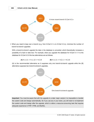 404      X-Cart v.4.3.0. User Manual.




§ When you need to leap over a branch (e.g. from X-Cart 4.1.x to X-Cart 4.3.x), minimize the number of
  branch-to-branch upgrades.

  With a branch-to-branch upgrade the data in the database is converted, which theoretically increases a
  possibility of a fault or data loss. For example, when you upgrade the database for X-Cart 4.1.11 to the
  database for X-Cart 4.3.0 the two alternatives are as follows:

               (A) 4.1.11 -> 4.1.12 -> 4.3.0               (B) 4.1.11 -> 4.2.1 -> 4.3.0

  (A) is the recommended alternative as it supposes only one branch-to-branch upgrade while the (B)
  alternative supposes two branch-to-branch upgrades.




  Important: You must be aware that with the upgrade to a later major version it is impossible to transfer
  the custom code and design automatically. So if you use any in your store, you will need to re-implement
  the custom code and design after the upgrade, which is rather a resource-consuming task that requires
  adequate experience in PHP, HTML and MySQL.




                                                                     © 2001-2009 Ruslan R. Fazliev. All rights reserved.
 