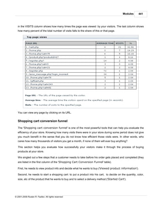 Modules    441



   in the VISITS column shows how many times the page was viewed by your visitors. The last column shows
   how many percent of the total number of visits falls to the share of this or that page.




   You can view any page by clicking on its URL.


   Shopping cart conversion funnel

   The 'Shopping cart conversion funnel' is one of the most powerful tools that can help you evaluate the
   efficiency of your store. Knowing how many visits there were in your store during some period does not give
   you much benefit in the sense that you do not know how efficient those visits were. In other words, who
   cares how many thousands of visitors you get a month, if none of them will ever buy anything?

   This section helps you evaluate how successfully your visitors make it through the process of buying
   products at your store.

   We singled out a few steps that a customer needs to take before his order gets placed and completed (they
   are listed in the first column of the 'Shopping Cart Conversion Funnel' table).

   First, he needs to view product info and decide what he wants to buy ('Viewed product information').

   Second, he needs to start a shopping cart: to put a product into his cart, to decide on the quantity, color,
   size, etc of the product that he wants to buy and to select a delivery method ('Started Cart').




© 2001-2009 Ruslan R. Fazliev. All rights reserved.
 