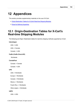 Appendices   781




12 Appendices
   This section provides supplementary materials on the use of X-Cart:

      § Origin-Destination Tables for X-Cart's Real-time Shipping Modules

      § Rules for Defining Hyperlinks




12.1 Origin-Destination Tables for X-Cart's
Real-time Shipping Modules
   The following are Origin->Destination tables for real-time shipping methods supported by X-Cart:

   Intershipper

      USA -> USA

      USA -> Canada

      Canada -> USA

   FedEx (FedEx Direct API)

       Worldwide

   CanadaPost

      Canada -> Canada

      Canada -> USA

   UPS

      USA -> Worldwide

      Europe -> Worldwide

      Canada -> Worldwide

      Mexico -> Worldwide

      Puerto Rico -> Worldwide

      Other origins -> Worldwide

   USPS

      USA -> USA



© 2001-2009 Ruslan R. Fazliev. All rights reserved.
 