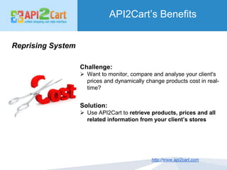 API2Cart’s Benefits
http://www.api2cart.com
Reprising System
Challenge:
 Want to monitor, compare and analyse your client...