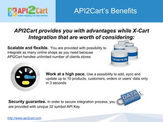 API2Cart’s Benefits
API2Cart provides you with advantages while X-Cart
Integration that are worth of considering:
http://w...