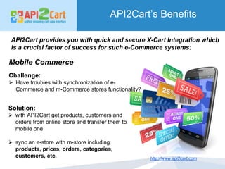 API2Cart’s Benefits
http://www.api2cart.com
Mobile Commerce
Challenge:
 Have troubles with synchronization of e-
Commerce...