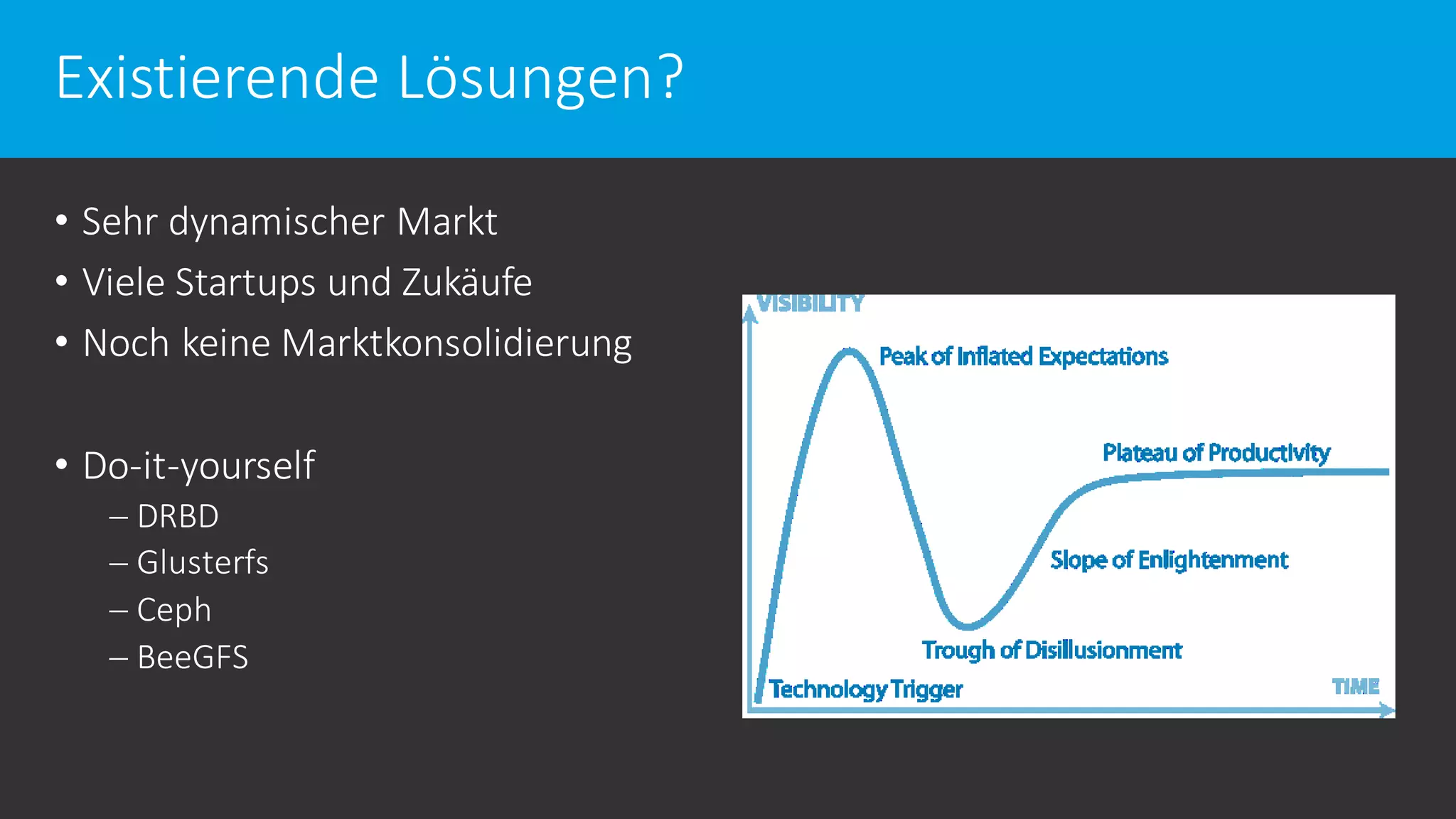Existierende Lösungen?
• Sehr dynamischer Markt
• Viele Startups und Zukäufe
• Noch keine Marktkonsolidierung
• Do-it-yourself
 DRBD
 Glusterfs
 Ceph
 BeeGFS
 