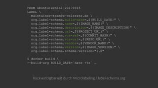 FROM ubuntu:xenial-20170915
LABEL 
maintainer=team@x-celerate.de 
org.label-schema.build-date=„${BUILD_DATE}" 
org.label-schema.name=„${IMAGE_NAME}" 
org.label-schema.description=„${IMAGE_DESCRIPTION}" 
org.label-schema.url=„${PROJECT_URL}" 
org.label-schema.vcs-ref=„${COMMIT_HASH}" 
org.label-schema.vcs-url=„${REPO_URL}" 
org.label-schema.vendor=„${VENDOR_NAME}" 
org.label-schema.version=„${IMAGE_VERSION}" 
org.label-schema.schema-version="1.0"
$ docker build 
--build-arg BUILD_DATE=`date +%s` …
Rückverfolgbarkeit durch Microlabeling / label-schema.org
 