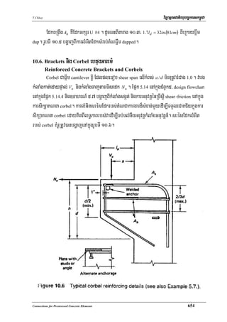 T.Chhay                                                                   viTüasßanCatiBhubec©keTskm<úCa

       EdkBRgwg Ah KWEdkGkSr U #4 . dUcenHBItarag 10>3/ 1.7ld = 32in.(81cm) BIeRkayFñwm
dap. rUbTI 10>5 bgðajBIkarlMGitEdksMrab;tMNFñwm dapped.



10.6. Brackets           nig Corbel ebtugGarem:
          Reinforced Concrete Brackets and Corbels
          Corbel CaFñwm cantilever xøI EdlpleFob shear span elIkMBs; a / d minRtUvFMCag 1.0 . varg
kMlaMgkat;edaypÞal; Vu nigkMlaMgTajtamTisedk N u . Epñk 5.14 enAkñúgCMBUk5/ design flowchart
enAkñúgEpñk 5.14.4 nig]TahrN_ 5>7 bgðajBIkMlaMgsgát; nigkarGnuvtþénRTwsþI shear-friction enAkñúg
karsikSaKNna corbel. karlMGitsrésEdkrbs;tMNCakargard¾sMxan;mYyedIm,ITTYleCaKC½ykñúgkar
sikSaKNna corbel edayKitBIlT§PaBrbs;vaedIm,ITb;Tl;nwgGnuvtþkMlaMgGnuvtþn_. srésEdklMGit
rbs; corbel KMrURtUv)anbgðajenAkñúgrUbTI 10>6.




Connections for Prestressed Concrete Elements                                               654
 