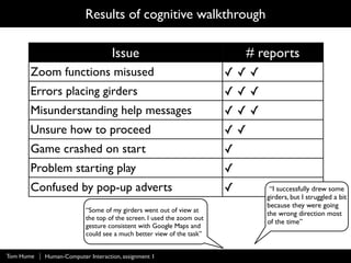 Results of cognitive walkthrough

                                   Issue                                  # reports
    ...
