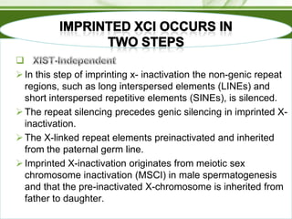 
 In this step of imprinting x- inactivation the non-genic repeat
regions, such as long interspersed elements (LINEs) and
short interspersed repetitive elements (SINEs), is silenced.
 The repeat silencing precedes genic silencing in imprinted Xinactivation.
 The X-linked repeat elements preinactivated and inherited
from the paternal germ line.
 Imprinted X-inactivation originates from meiotic sex
chromosome inactivation (MSCI) in male spermatogenesis
and that the pre-inactivated X-chromosome is inherited from
father to daughter.

 