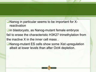 Nanog in particular seems to be important for Xreactivation
in blastocysts, as Nanog-mutant female embryos
fail to erase the characteristic H3K27 trimethylation from
the inactive X in the inner cell mass .
Nanog-mutant ES cells show some Xist upregulation
albeit at lower levels than after Oct4 depletion.

 