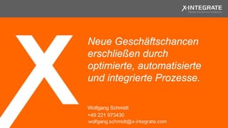 Neue Geschäftschancen
erschließen durch
optimierte, automatisierte
und integrierte Prozesse.
Wolfgang Schmidt
+49 221 973430
 