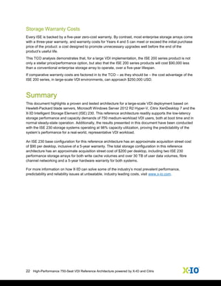 22 High-Performance 750-Seat VDI Reference Architecture powered by X-IO and Citrix
Storage Warranty Costs
Every ISE is backed by a five-year zero-cost warranty. By contrast, most enterprise storage arrays come
with a three-year warranty, and warranty costs for Years 4 and 5 can meet or exceed the initial purchase
price of the product: a cost designed to promote unnecessary upgrades well before the end of the
product’s useful life.
This TCO analysis demonstrates that, for a large VDI implementation, the ISE 200 series product is not
only a stellar price/performance option, but also that the ISE 200 series products will cost $90,000 less
than a conventional enterprise storage array to operate, over a five-year lifespan.
If comparative warranty costs are factored in to the TCO – as they should be – the cost advantage of the
ISE 200 series, in large-scale VDI environments, can approach $250,000 USD.
Summary
This document highlights a proven and tested architecture for a large-scale VDI deployment based on
Hewlett-Packard blade servers, Microsoft Windows Server 2012 R2 Hyper-V, Citrix XenDesktop 7 and the
X-IO Intelligent Storage Element (ISE) 230. This reference architecture readily supports the low-latency
storage performance and capacity demands of 750 medium-workload VDI users, both at boot time and in
normal steady-state operation. Additionally, the results presented in this document have been conducted
with the ISE 230 storage systems operating at 98% capacity utilization, proving the predictability of the
system’s performance for a real-world, representative VDI workload.
An ISE 230 base configuration for this reference architecture has an approximate acquisition street cost
of $90 per desktop, inclusive of a 5-year warranty. The total storage configuration in this reference
architecture has an approximate acquisition street cost of $200 per desktop, including two ISE 230
performance storage arrays for both write cache volumes and over 30 TB of user data volumes, fibre
channel networking and a 5-year hardware warranty for both systems.
For more information on how X-IO can solve some of the industry’s most prevalent performance,
predictability and reliability issues at unbeatable, industry leading costs, visit www.x-io.com.
 