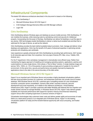 4 High-Performance 750-Seat VDI Reference Architecture powered by X-IO and Citrix
Infrastructural Components
The tested VDI reference architecture described in this document is based on the following:
 Citrix XenDesktop 7
 Microsoft Windows Server 2012 R2 Hyper-V
 X-IO Intelligent Storage Elements (ISEs) and ISE Manager software
 Login VSI
Citrix XenDesktop
Citrix XenDesktop delivers Windows apps and desktops as secure mobile services. With XenDesktop, IT
can mobilize the business, while reducing costs by centralizing control and security for intellectual
property. Incorporating the full power of XenApp, XenDesktop can deliver full desktops or just the apps to
any device. HDX technologies enable XenDesktop to deliver a native touch-enabled look-and-feel that is
optimized for the type of device, as well as the network.
Citrix XenDesktop provides the best method available today to provision, host, manage and deliver virtual
desktops and applications. Citrix has the benefit of 25 years of advanced expertise in optimizing remote
protocols and virtualizing user workloads.
User experience is greatly enhanced with Citrix XenDesktop by providing high performance, 24x7 access
to all corporate apps and data, from anywhere, from any type of device (PC, Mac, Linux, Tablets, IOS,
Android, etc.)
For the IT department, Citrix centralizes management in dramatically more efficient ways. Rather than
maintaining the legacy approach of installing and managing operating systems, applications, patches and
customizations on every single device, Citrix allows a “One to Many” solution. A single desktop image can
service 100’s, 1000’s, or, 10’s of thousands of users providing a single point of update for the entire IT
environment. At the same time, security and performance are greatly improved by keeping the
applications close to the data in the secure boundary of the data center.
Microsoft Windows Server 2012 R2 Hyper-V
Hyper-V is an important part of Windows Server and provides a highly developed virtualization platform
that lets cloud providers provision for customers, and enterprises build their own private cloud of hosted
desktops. With Windows Server 2012 R2, customers get a compelling solution for core virtualization
scenarios; production server consolidation, dynamic data center, business continuity, test and
development and most importantly, as it relates to this reference architecture, Virtual Desktop
Infrastructure (VDI). Hyper-V provides customers with better flexibility with features like live migration and
cluster shared volumes for storage flexibility. In Windows Server 2012 R2, Hyper-V also delivers greater
scalability and improved performance with support for dynamic memory and enhanced networking
support versus other competing hypervisors or previous versions of Hyper-V.
Virtualization technologies help customers lower costs and deliver greater agility and economies of scale.
Either as a stand-alone product or an integrated part of Windows Server, Hyper-V is the leading
virtualization platform for today and the transformational opportunity with cloud computing, and hosted
desktops.
 