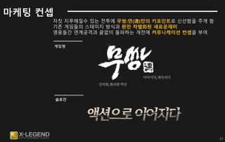 17
자칫 지루해질수 있는 전투에 무쌍:연(連)만의 키포인트로 신선함을 주게 함
기존 게임들의 스테이지 방식과 완전 차별화된 새로운재미
영웅들간 연계공격과 끝없이 돌파하는 개전에 커뮤니케이션 컨셉을 부여
강력함,화려한액션
이어지다,계속되다
게임명
슬로건
마케팅 컨셉
 
