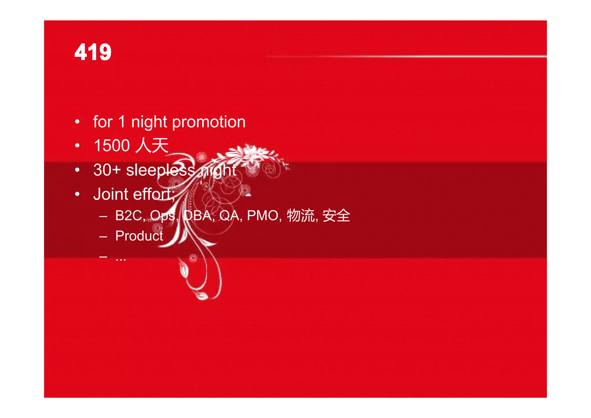 419419419419
• for 1 night promotion
• 1500 人天
• 30+ sleepless night
• Joint effort;
– B2C, Ops, DBA, QA, PMO, 物流, 安全
– Product
– ...
 