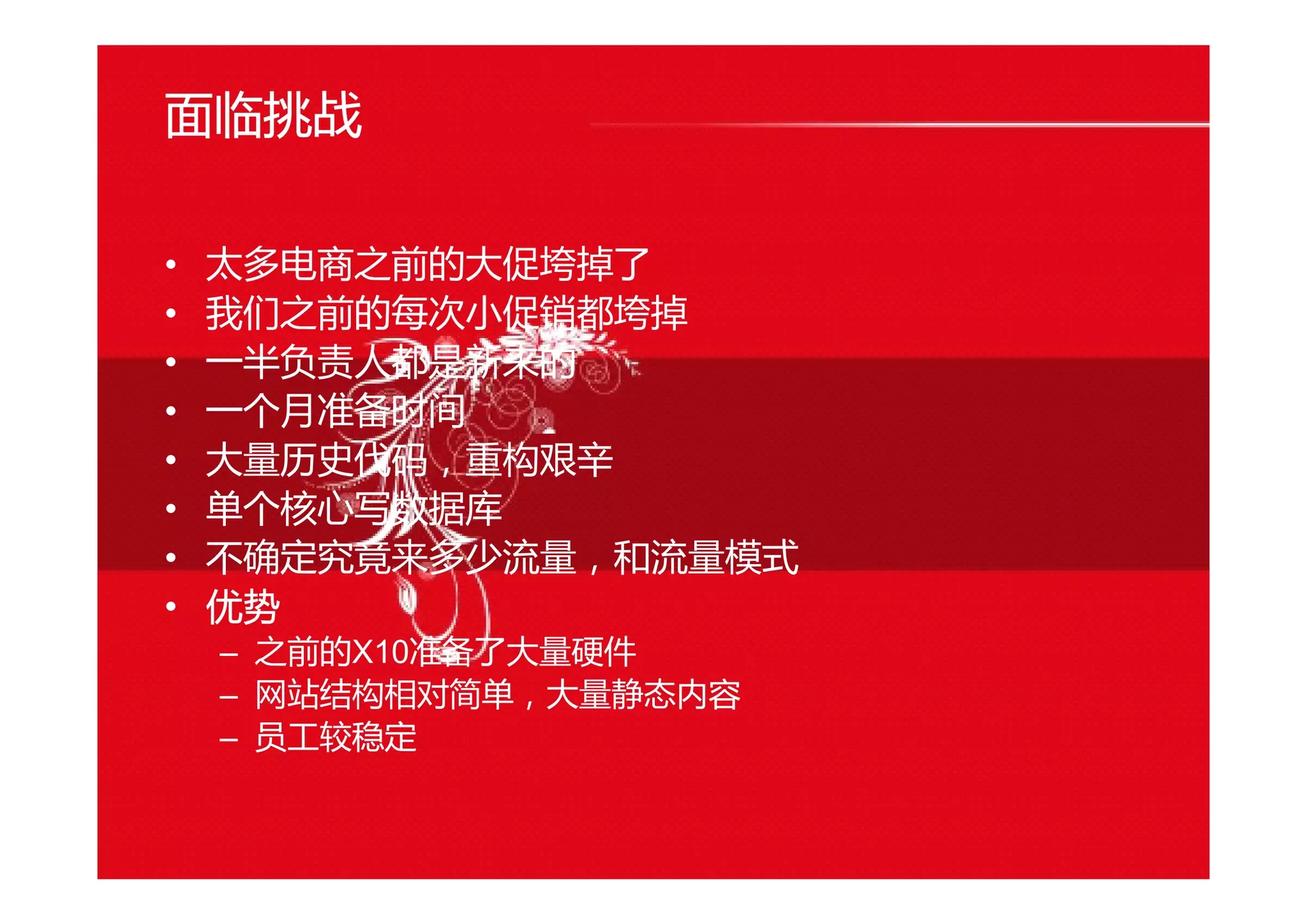 面临挑战
• 太多电商之前的大促垮掉了
• 我们之前的每次小促销都垮掉
• 一半负责人都是新来的
• 一个月准备时间
• 大量历史代码，重构艰辛
• 单个核心写数据库
• 不确定究竟来多少流量，和流量模式
• 优势
– 之前的X10准备了大量硬件
– 网站结构相对简单，大量静态内容
– 员工较稳定
 