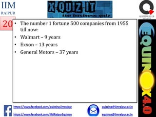 IIM
RAIPUR

20 •

The number 1 fortune 500 companies from 1955
till now:
• Walmart – 9 years
• Exxon – 13 years
• General Motors – 37 years

 