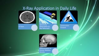 X-Ray Application in Daily Life
CT Scan
Astronomy
Observation (X-
Ray Telescope)
Construction
Purpose
Determination of
Human Skeleton
Density
 