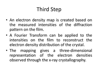 Third Step
• An electron density map is created based on
the measured intensities of the diffraction
pattern on the film.
• A Fourier Transform can be applied to the
intensities on the film to reconstruct the
electron density distribution of the crystal.
• The mapping gives a three-dimensional
representation of the electron densities
observed through the x-ray crystallography.
 