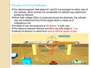Procedure For X-ray Production:
Two electromagnetic field plates E1 and E2 are arranged on either side of
the cathode, which controls the acceleration of cathode rays (electrons)
emitted by filament.
When high voltage (20kv) is produced across the electrode, the cathode
rays are emitted and they hit the target which is made up of
molybdenum etc.
Invisible X-rays are produced at 45 degree in path rays.
The distance between filament and the x-ray tube target is 1 cm.
Velocity of electron is raised from zero to half the speed of light.
 