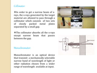 Collimator:
In order to get a narrow beam of x-
rays, the x-rays generated by the target
material are allowed to pass through a
collimator which consists of two sets
of closely packed metal plates
separated by a small gap.
The collimator absorbs all the x-rays
except narrow beam that passes
between the gap.
Monochromator:
Monochromator is an optical device
that transmit a mechanically selectable
narrow band of wavelength of light or
other radiation chosen from a wider
range of wavelength available at input.
 