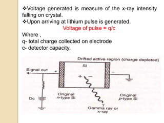 Voltage generated is measure of the x-ray intensity
falling on crystal.
Upon arriving at lithium pulse is generated.
Voltage of pulse = q/c
Where ,
q- total charge collected on electrode
c- detector capacity.
 