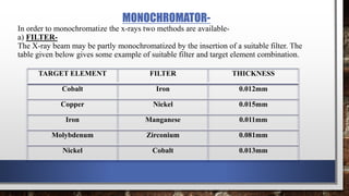 MONOCHROMATOR-
In order to monochromatize the x-rays two methods are available-
a) FILTER-
The X-ray beam may be partly monochromatized by the insertion of a suitable filter. The
table given below gives some example of suitable filter and target element combination.
TARGET ELEMENT FILTER THICKNESS
Cobalt Iron 0.012mm
Copper Nickel 0.015mm
Iron Manganese 0.011mm
Molybdenum Zirconium 0.081mm
Nickel Cobalt 0.013mm
 