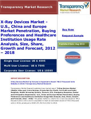 REPORT DESCRIPTION
X-Ray Devices Market by Volume is Expected to Reach 700.5 Thousand Units
Globally in 2018: Transparency Market Research
Transparency Market Research published new market report "X-Ray Devices Market
(Mobile X-Ray and C-Arm Devices, Private Not-For-Profit, For-Profit and Public
Hospitals, Health Screening Centers, Thoracic, ICU, Emergency Response, Dental
and Orthopedics Department) -U.S., China and Europe Market Penetration, Buying
Preferences and Healthcare Institution Usage Rate Analysis, Size, Share, Growth
and Forecast, 2012 - 2018," the global market by volume for x-rays was valued at 494.2
thousand units in 2011 and it is expected to reach an estimated volume of 700.5 thousand
units in 2018, growing at a CAGR of 5.2% from 2012 to 2018.
Transparency Market Research
X-Ray Devices Market -
U.S., China and Europe
Market Penetration, Buying
Preferences and Healthcare
Institution Usage Rate
Analysis, Size, Share,
Growth and Forecast, 2012
– 2018
Single User License: US $ 4595
Multi User License: US $ 7595
Corporate User License: US $ 10595
Buy Now
Request Sample
Published Date: Aug 2013
169 Pages Report
 